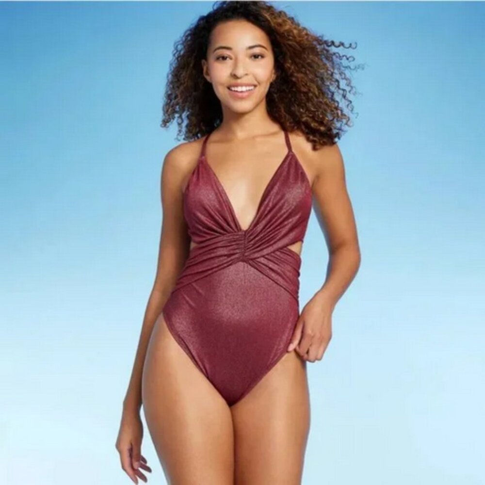 Monokini Plunge Cut Out High Leg Lurex One Piece Swimsuit - Shade & Shore L
